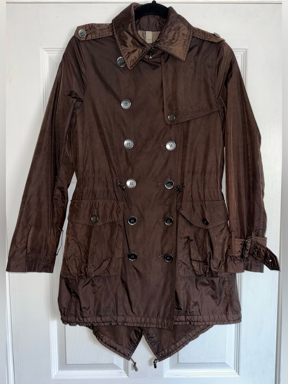 BURBERRY LONDON Brown Double Breast Nylon Utility Fishtail Rain Trench Coat US 2
